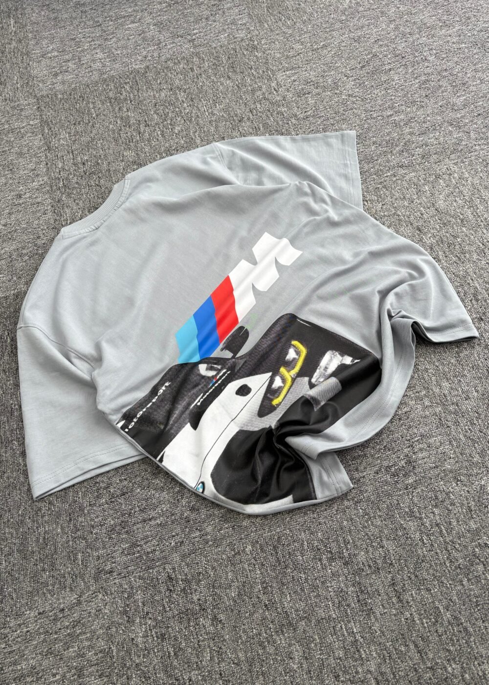 Gray Motorsport Oversized T-Shirt with BMW M Power and Racing Car Graphics