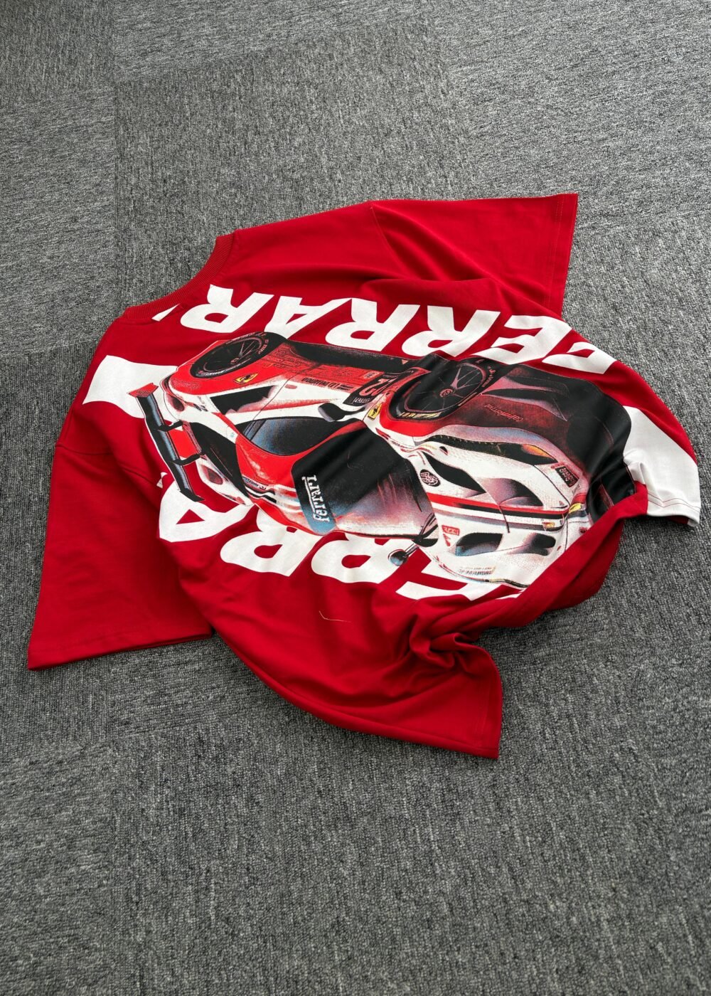 Red Ferrari Racing Car Graphic Oversized T-Shirt