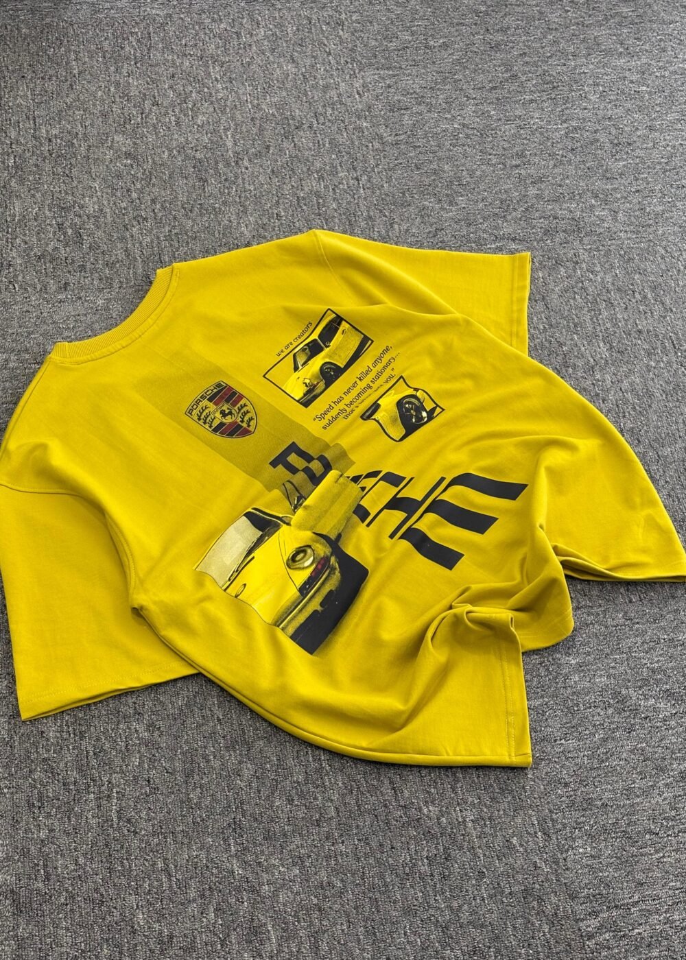 Vintage Porsche Classic Yellow Oversized T-Shirt with Car and Logo Design