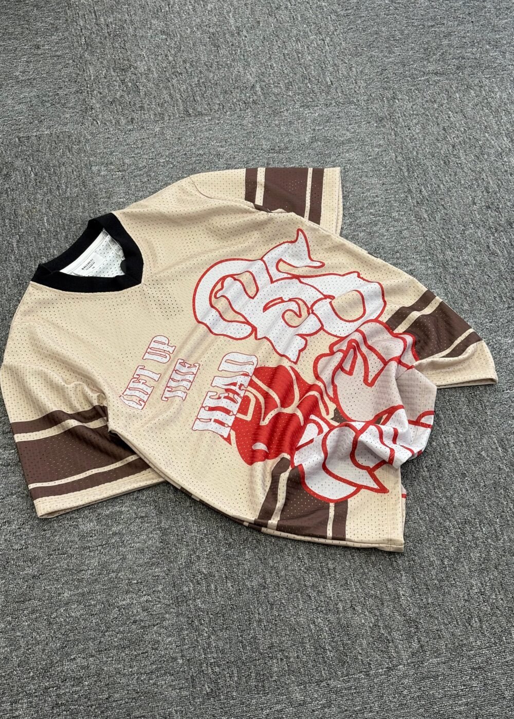 Vintage Beige American Football Jersey – ‘Lift Up The Head’ Graphic Mesh Top