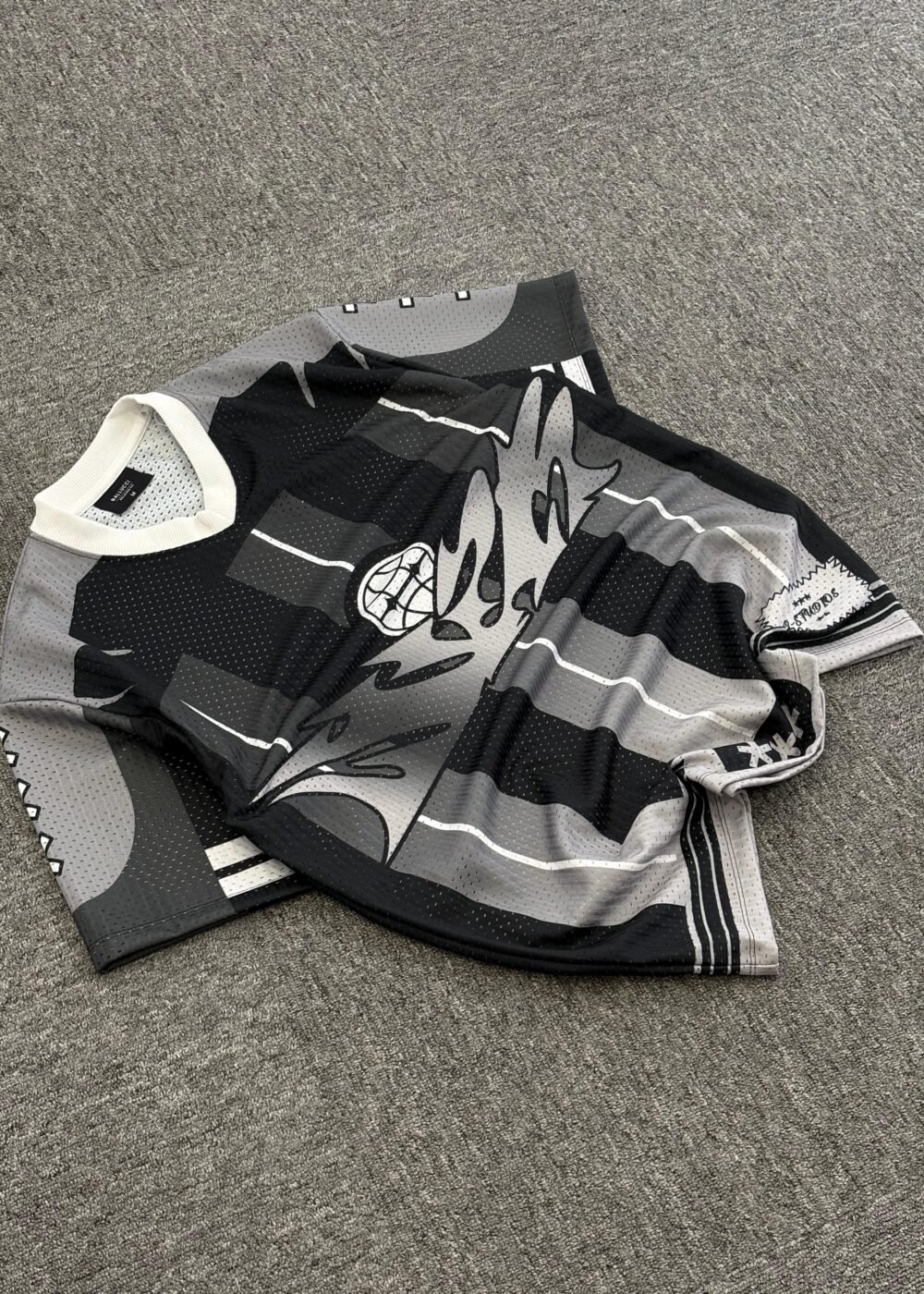 “Black & Grey Graphic Mesh American Football Jersey – Urban Streetwear Edition