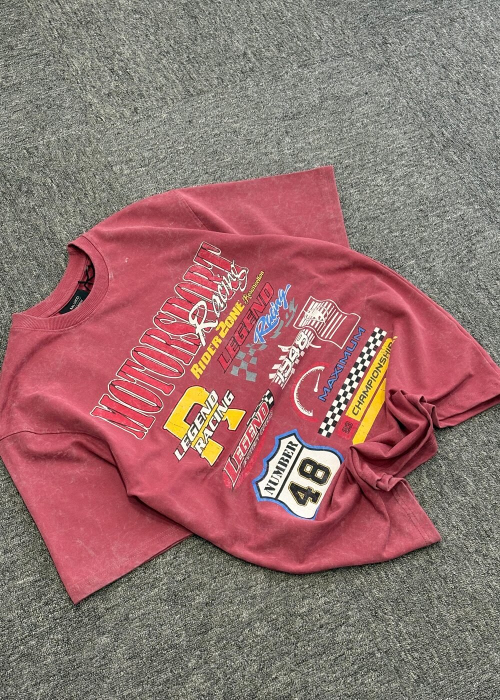 Acid Washed Oversized T-Shirt – Motorsport Patchwork Edition