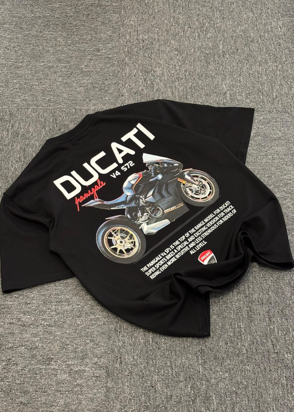 Black Ducati Panigale V4 S Oversized T-Shirt with Realistic Superbike Print and Specs