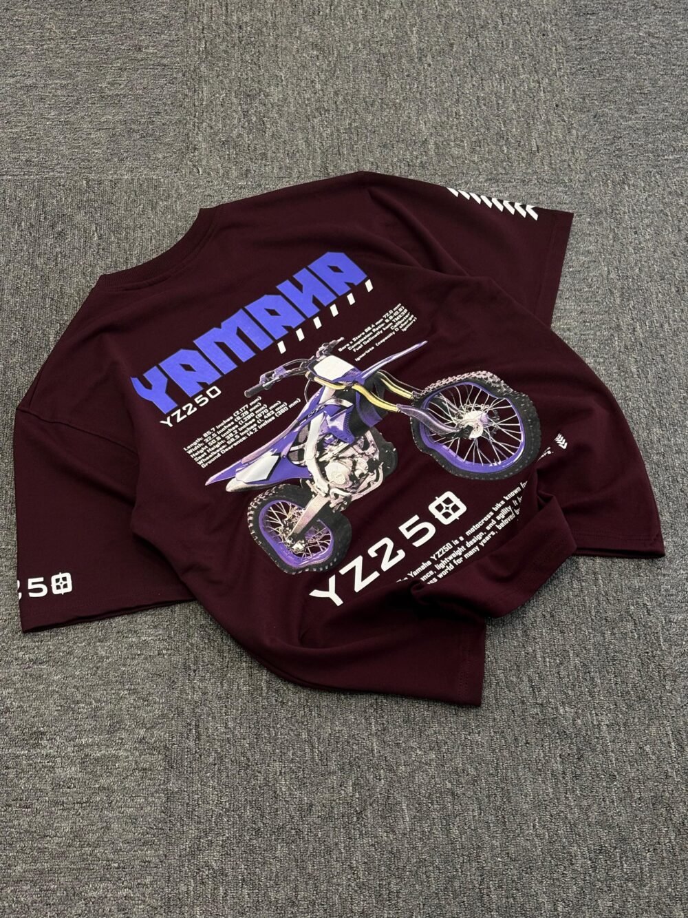 Maroon Yamaha YZ250 Oversized T-Shirt with Motocross Graphic and Bold Typography