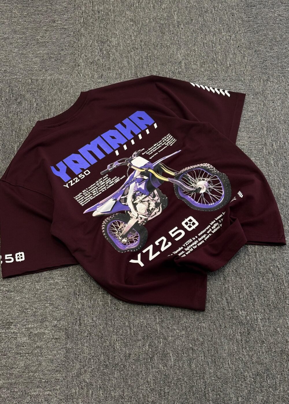 Maroon Yamaha YZ250 Oversized T-Shirt with Motocross Graphic and Bold Typography