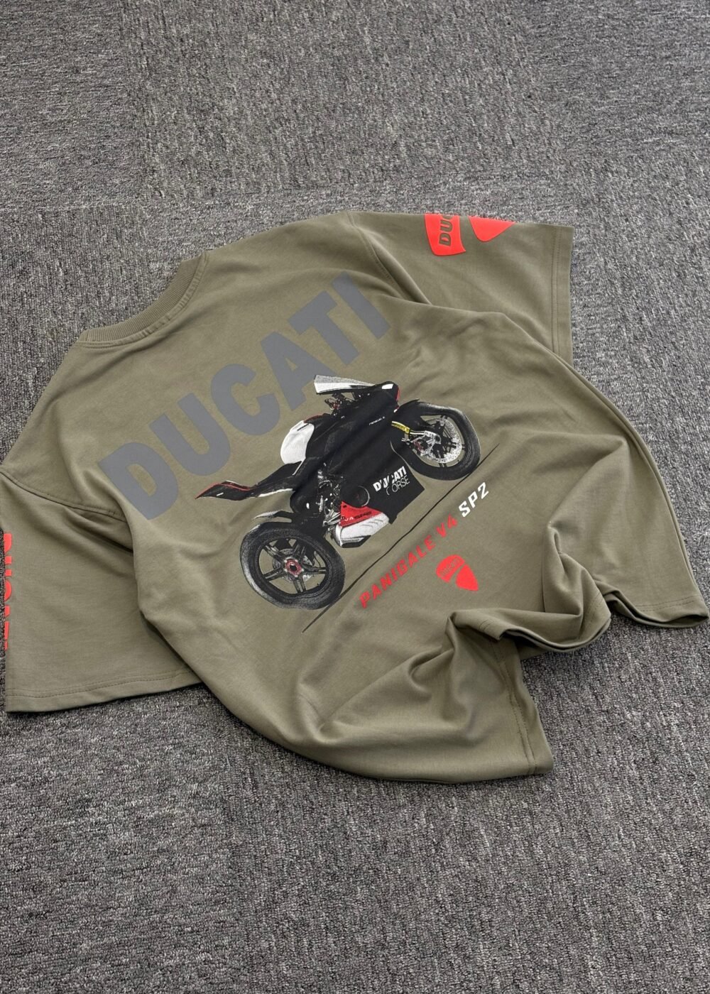 Olive Green Ducati Panigale V4 SP2 Oversized T-Shirt with Monochrome Bike Graphic
