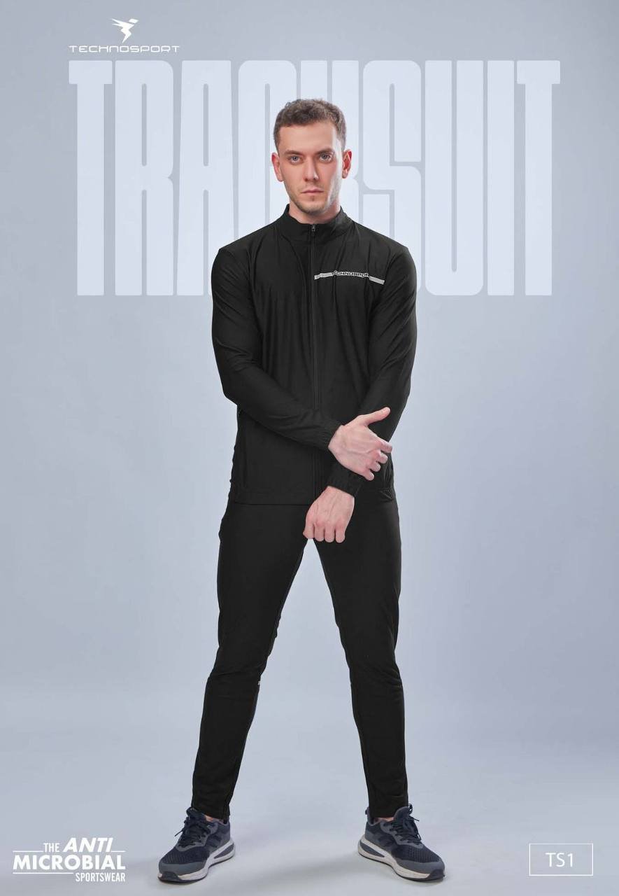 Technosport Men's Black Antimicrobial Track Suit – Slim Fit Performance Wear (TS1)